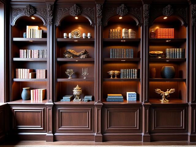 Libreria in legno scuro su misura con dettagli incisi